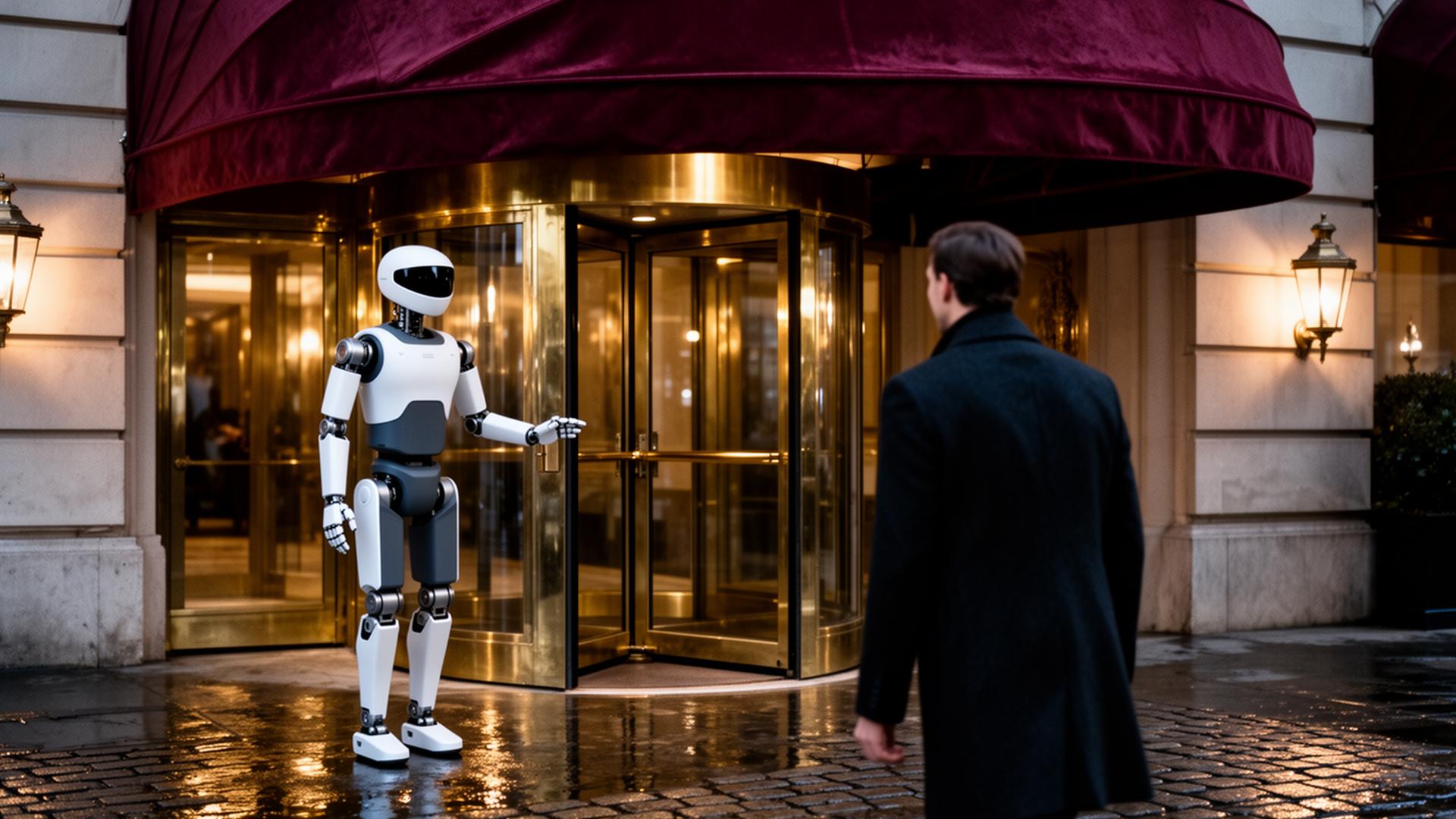 A humanoid unit holding open the brass door of a luxury hotel as a guest approaches at twilight