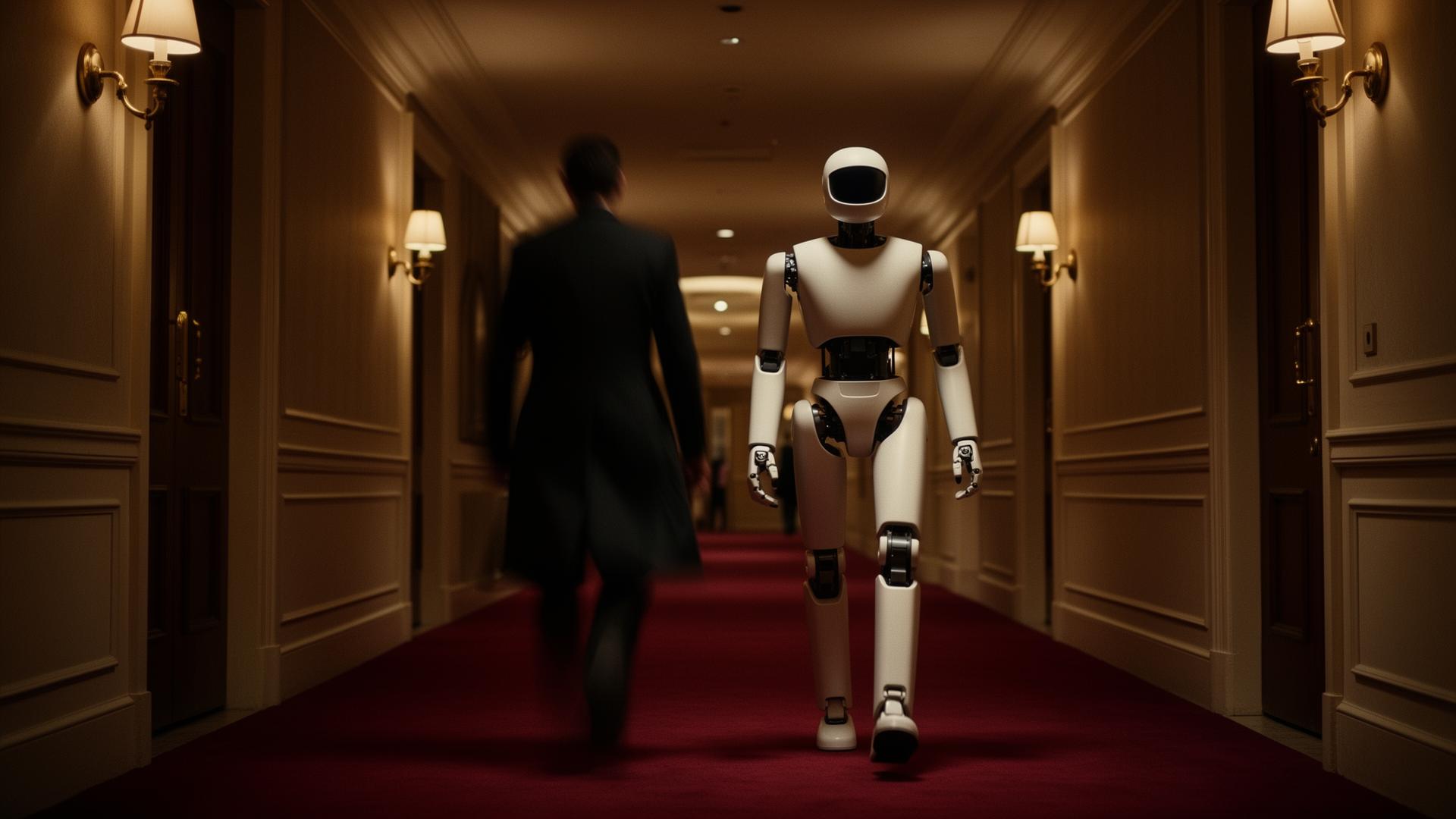A humanoid unit walking alongside a guest down a panelled hotel corridor lit by brass sconces