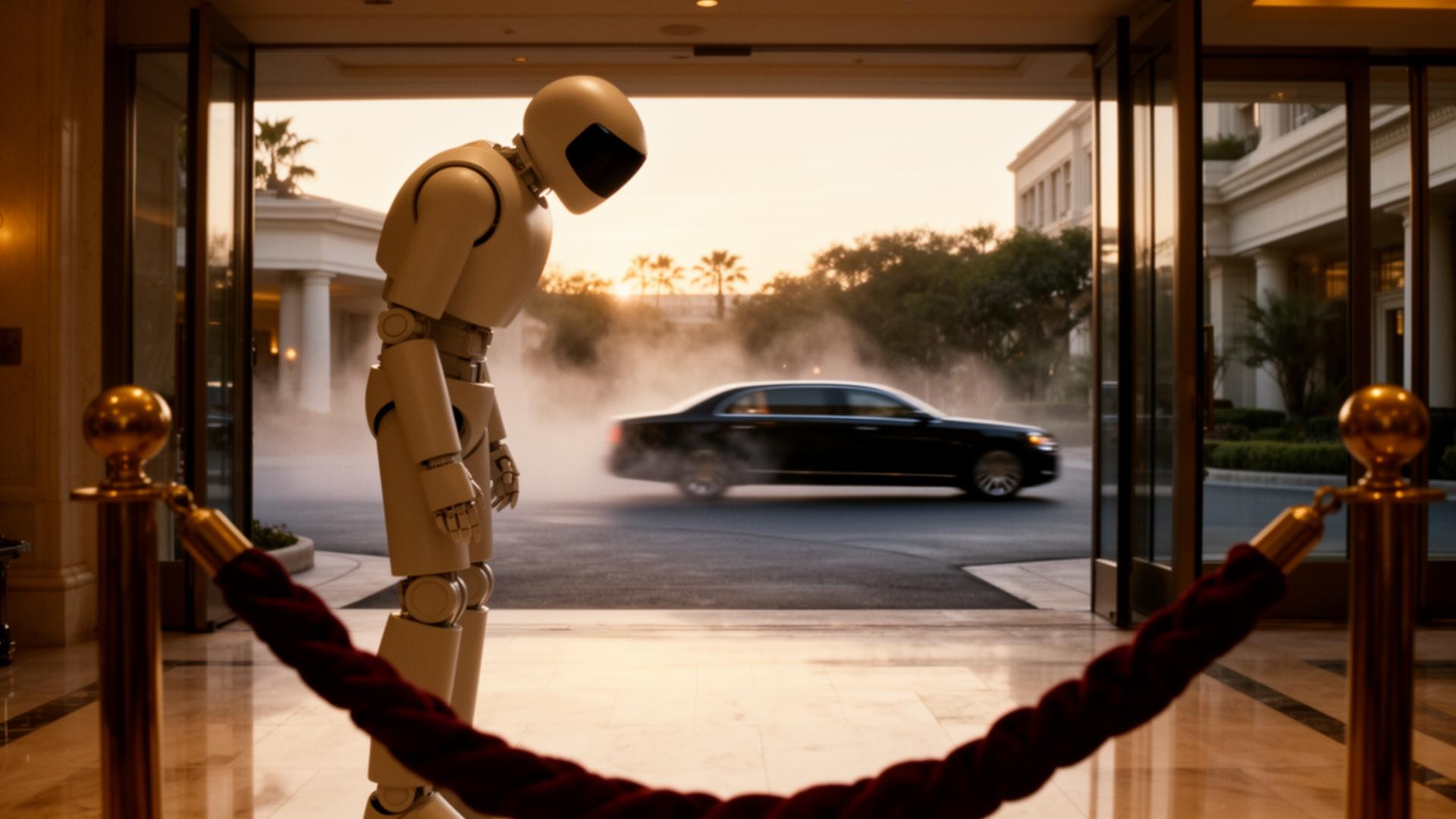 A humanoid unit bowing at a hotel entrance as a black town car departs at dawn