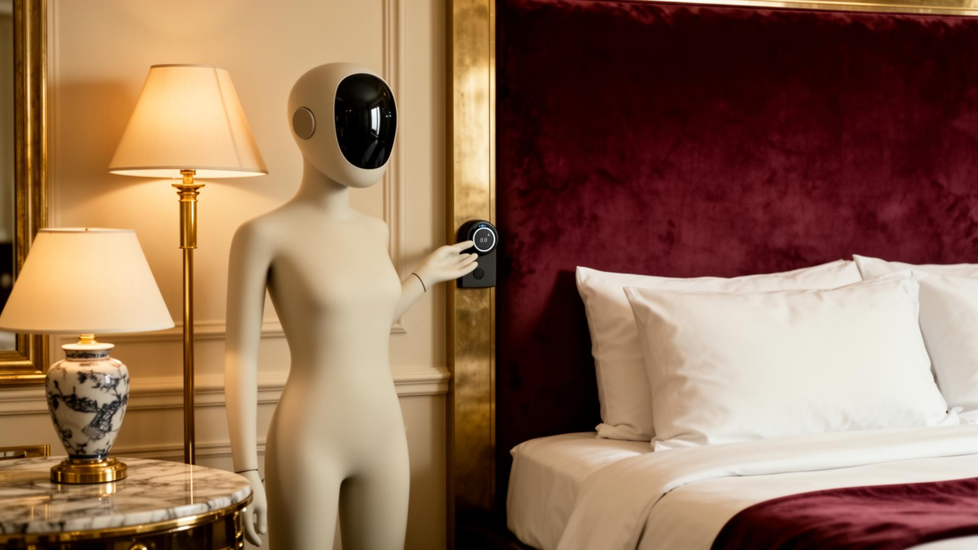 A humanoid unit adjusting a thermostat inside a luxury hotel suite with an oxblood velvet headboard