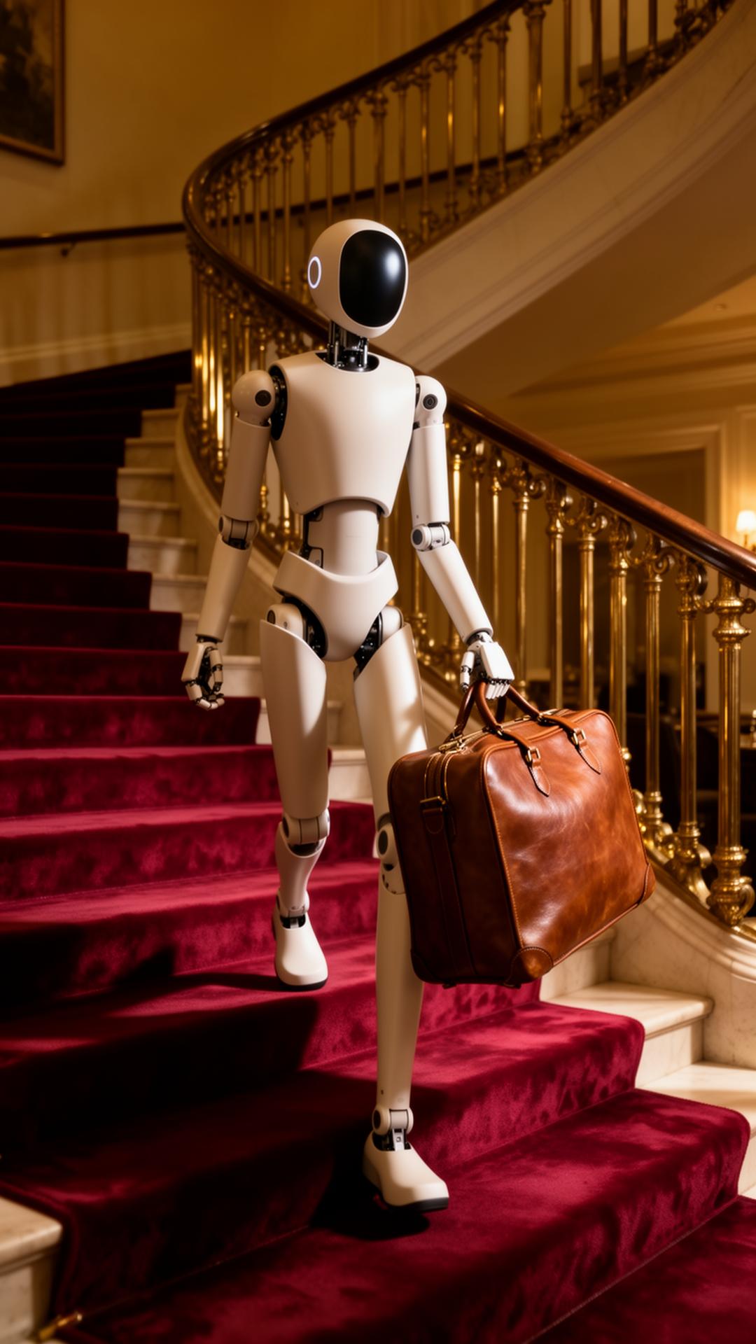 A humanoid unit carrying a leather suitcase up a curved staircase with a deep red velvet runner and brass balustrade