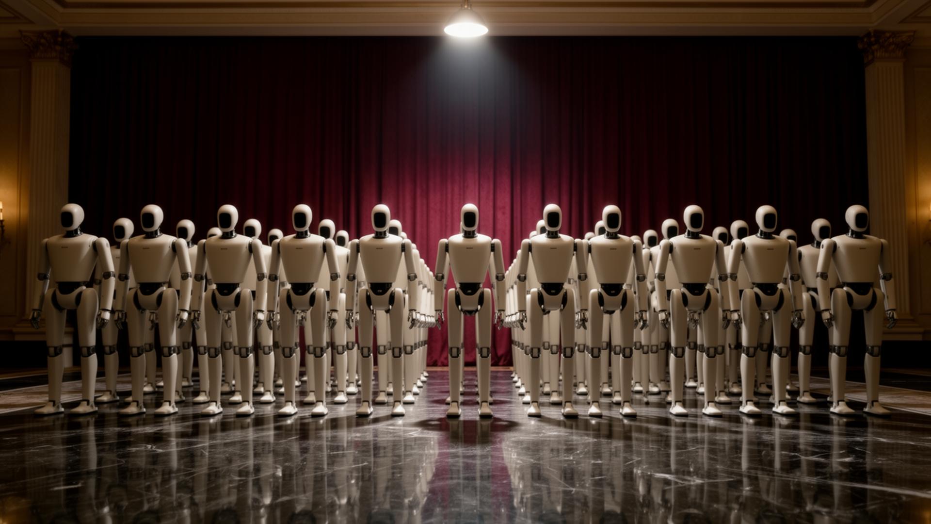 Formation of identical humanoid units standing in a grand ballroom under a single overhead light, oxblood velvet curtains as a backdrop