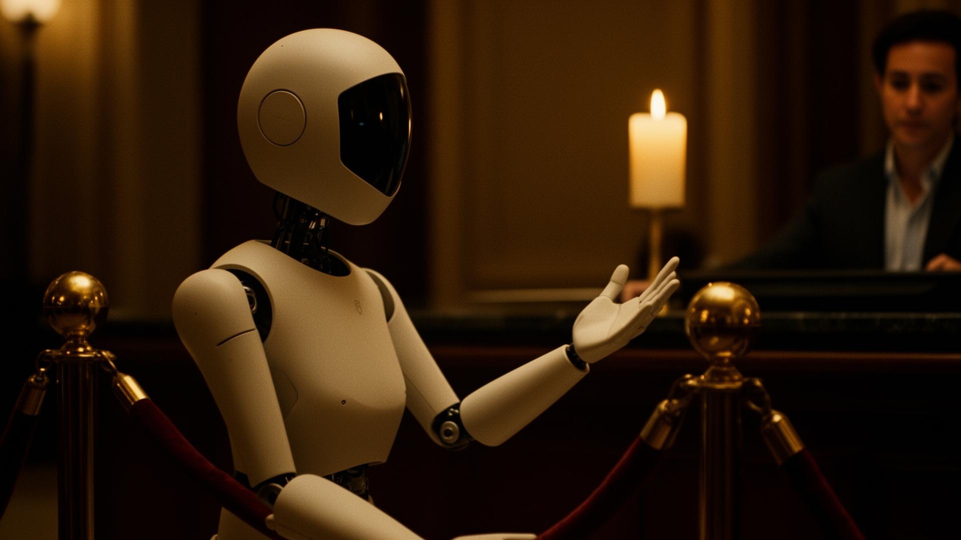 A humanoid unit extending a hand toward an arriving guest, oxblood velvet rope and brass stanchion in the foreground