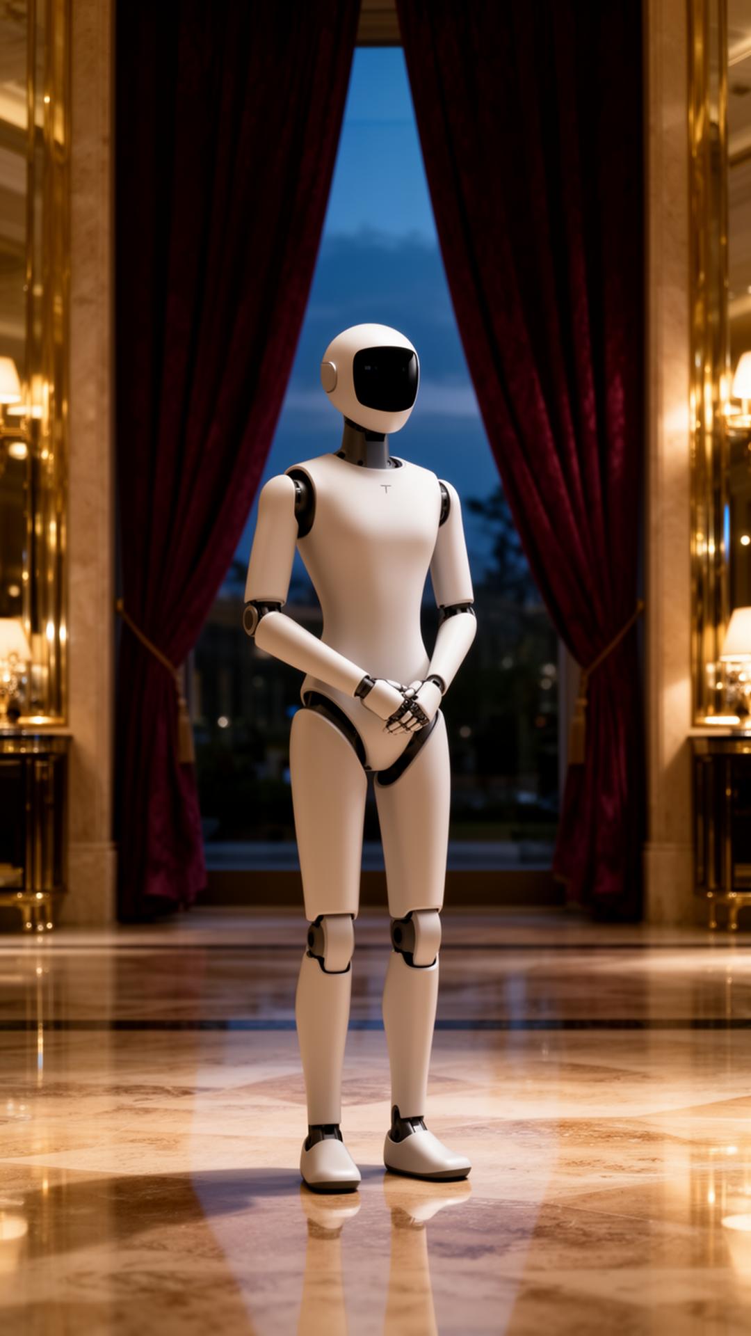 A poised humanoid concierge standing in the marble lobby of a flagship hotel, framed by oxblood velvet drapery